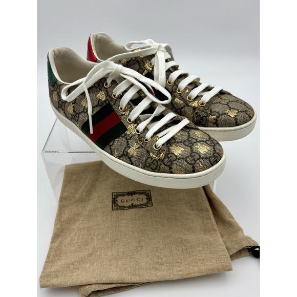 Gucci Ace GG Bee Shoes Supreme Sneakers Women’s Size 37.5 Web Stripe Brown Gold - Picture 16 of 16